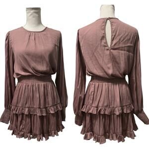 The Impeccable Pig Ruffle Tiered Mini Dress Smocked Waist Size Small Mauve Boho